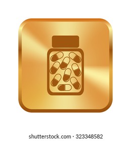 Vector gold button with  Vector illustration of medical bottle with pills