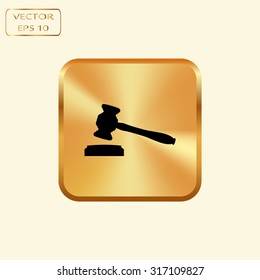 Vector gold button with judge or auction hammer icon