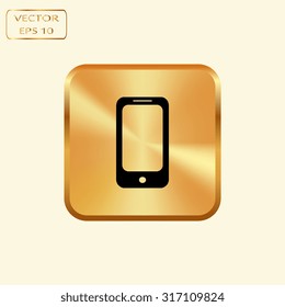 Vector gold button with Mobile phone icon 