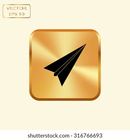 Vector gold button with paper airplane - vector icon