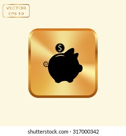 Vector gold button with vector piggy money bank icon 
