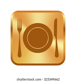 Vector gold button with Place setting with plate, knife and fork