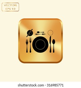 Vector gold button with plate with spoon, knife and fork 