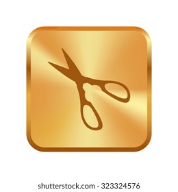 Vector gold button with Scissors icon isolated