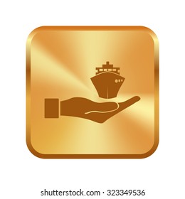 Vector gold button with ship icons in hand - vector icon 