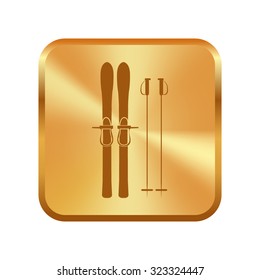 Vector gold button with Skiing gear set - assortment of skiing equipment silhouette 