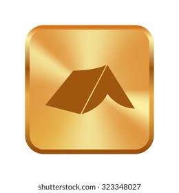 Vector gold button with Tourist tent. Single icon. Vector illustration