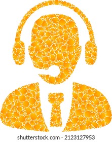 Vector gold call center operator mosaic icon. Call center operator is isolated on a white background. Gold particles mosaic based on call center operator icon.