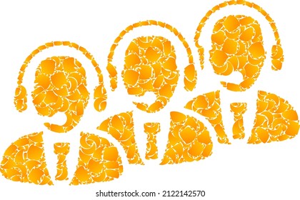 Icono de mosaico del personal del centro de llamadas de oro vectorial. El personal del call center está aislado en un fondo blanco. Mosaico de partículas de oro basado en el icono del personal del centro de llamadas.