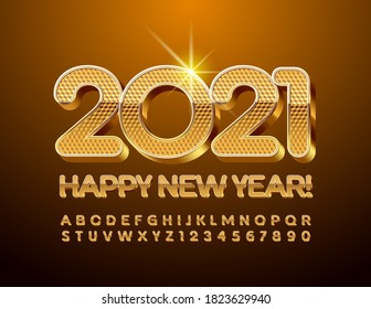 Vector Gold card Happy New Year 2021! Premium chic Font. Elite 3D Alphabet Letters and Numbers set
