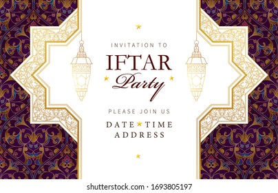 Vector gold card Iftar Party celebration. Arabic decoration, shining lanterns, geometry, stars for Iftar invitation. Cards for Muslim feast of the holy of Ramadan month. Ramadan Kareem. Eastern style