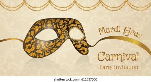 Vector gold carnival mask with shiny texture. Invitation card, welcome to carnival.Vector illustration EPS 10.