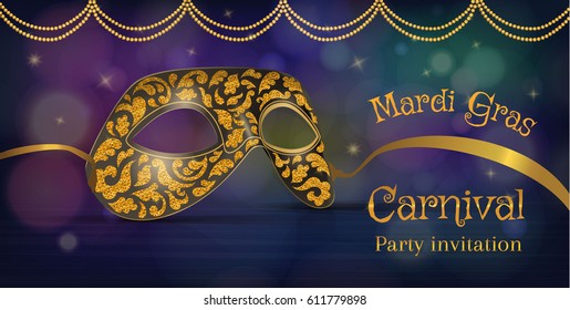Vector gold carnival mask with shiny texture. Invitation card, welcome to carnival. Vector illustration EPS 10.
