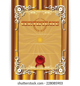 Vector gold certificate with a lace frame on textile background
