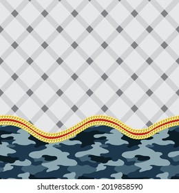 vector gold chain with blue cameo border pattern on grey checks stripe background