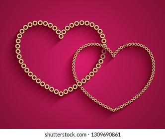 Vector gold chain jewelry, two linked jewellery hearts on red background, elegant decoration for wedding invitation or Valentine's Day greeting card