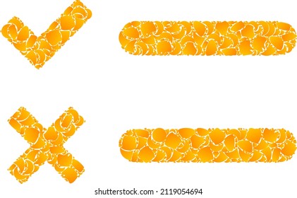 Mosaiksymbol für Vektorgold-Checkliste Die Checkliste ist einzeln auf weißem Hintergrund. Goldenes Artikelmosaik basierend auf dem Symbol der Checkliste. Mosaikbild der Checkliste besteht aus gelben Elementen.