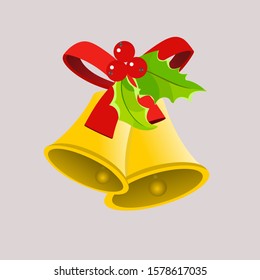 Vector gold Christmas bells with red bow,and Holly berries. Brass metal bell decorated festive symbol,vintage bell,school bell.