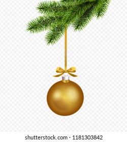 Vector gold christmas decoration with pine branch isolated on transparent background.