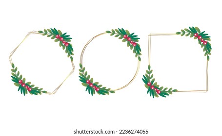 Vector Gold Christmas frame with Green Branches and Red Berries. Vector illustration