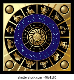 Vector gold circle with the signs and the constellations of the zodiac