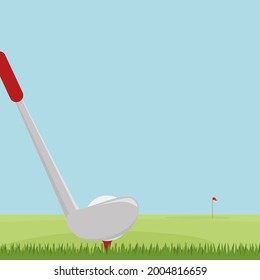 Vector of a gold club hitting ball on a golf course aiming for hole in one