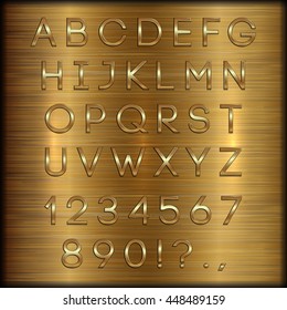 Vector gold coated alphabet capital letters, digits and punctuation on copper brushed metallic background