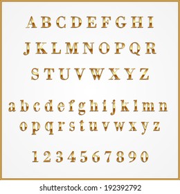 Vector gold coated alphabet letters and digits on white background