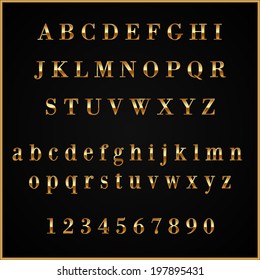 Vector Gold Coated Alphabet Letters And Digits On Black Background