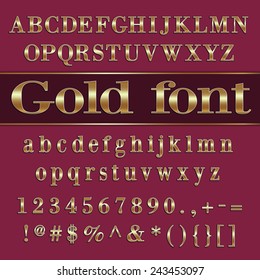 Vector gold coated alphabet letters, digits and punctuation on purple background