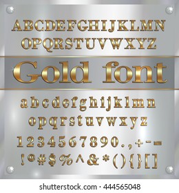 Vector gold coated alphabet letters, digits and punctuation on silver background