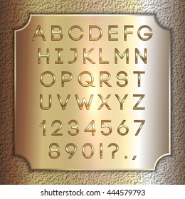 Vector gold coated alphabet letters, digits and punctuation on brass background plate