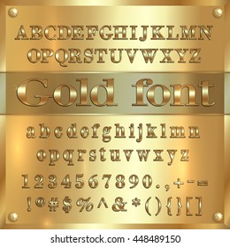 Vector gold coated alphabet letters, digits and punctuation on golden metallic background