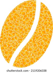 Vector gold coffee bean mosaic icon. Coffee bean is isolated on a white background. Gold items mosaic based on coffee bean icon. Mosaic coffee bean iconic image is formed from yellow parts.