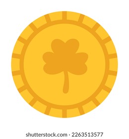 Vector gold coin with clover leaf. Clipart for celebrating St Patricks day. Money and wealth. St Patricks day yellow three leaf clover coin in flat design.