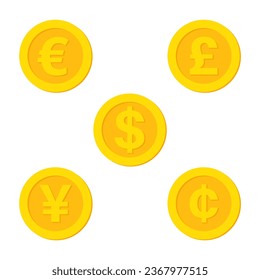 vector gold coin currency dollar, euro, pound sterling, yen, cedi isolated on white background