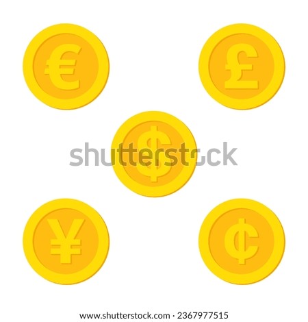 vector gold coin currency dollar, euro, pound sterling, yen, cedi isolated on white background
