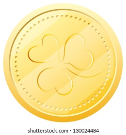 Vector gold coin with embossed three-sheeted clover. Symbol of St. Patrick's Day
