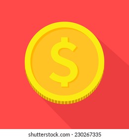 Vector gold coin icon,flat style with long shadows on red background