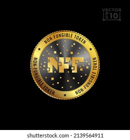 Vector gold coin with NFT logo engraving. Virtual golden coin design for non-fungible token and cryptocurrency exchange or crypto art.