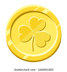 Moneda de oro vectorial con hoja de shamrock aislada en fondo blanco. Símbolo del día de San Patricio.