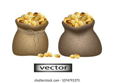 Vector, gold coins in bag, canvas purse, drawstring bag, gold wrapped in coarse cloth bags, canvas. Rough texture of the material, a symbol of wealth. 3D, grid, realistic illustration.