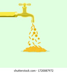 Vector gold coins fall out of the golden tap.gold tap with money. Idea for the business background