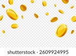 Vector gold coins fall from the sky. PNG money, png coins. Explosion of coins on isolated transparent background. Easy Money. Vector 10 eps.