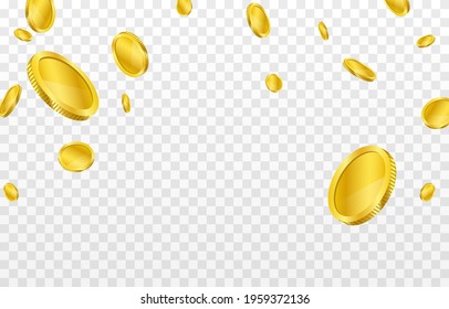 Vector gold coins fall from the sky. PNG money, png coins. Explosion of coins on isolated transparent background. Easy Money.