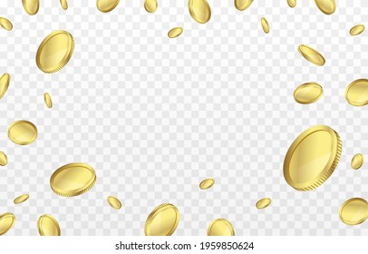 Vector Gold Coins Fall From The Sky. PNG Money, Png Coins. Explosion Of Coins On Isolated Transparent Background. Easy Money.