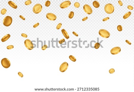 Vector gold coins fall from the sky. PNG money, png coins. Explosion of coins on isolated transparent background. Easy Money. Vector 10 eps.