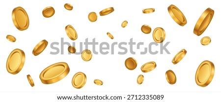 Vector gold coins fall from the sky. PNG money, png coins. Explosion of coins on isolated transparent background. Easy Money. Vector 10 eps.