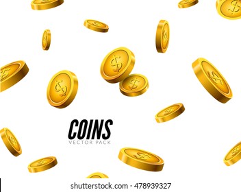 Vector gold coins falling. Coin icons realistic design with shadow. Cash treasure success concept.