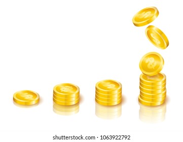 Vector gold coins in growing stacks - investment, savings concept